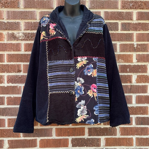 White Stag Jackets & Blazers - White Stag Blazer Top Size XL Blue Patchwork Floral Lined Button Front